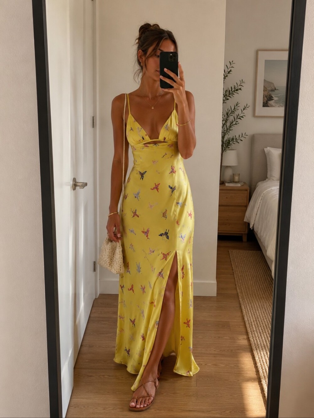 NWT! Anthropologie Yellow Silk Cutout Maxi Dress Butterfly Print M